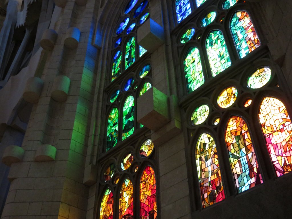 colourful stained glass in the Sagrada Familia