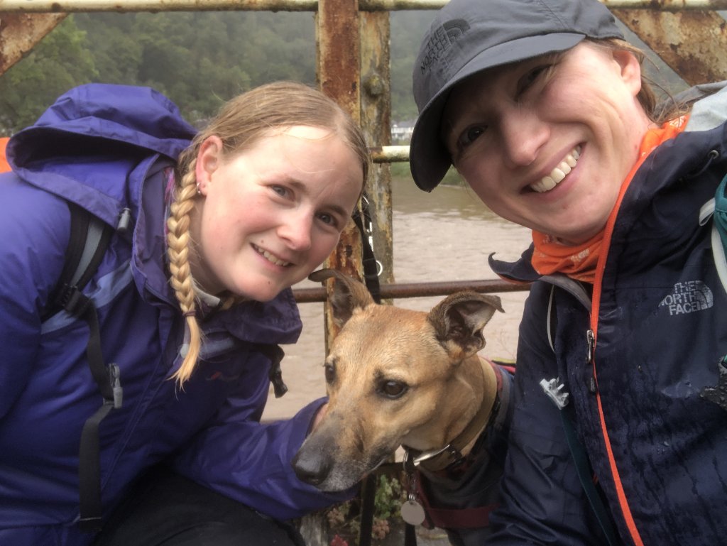 Katy, Tillydog and Zoe on a very wet Wireworks bridge, Tintern